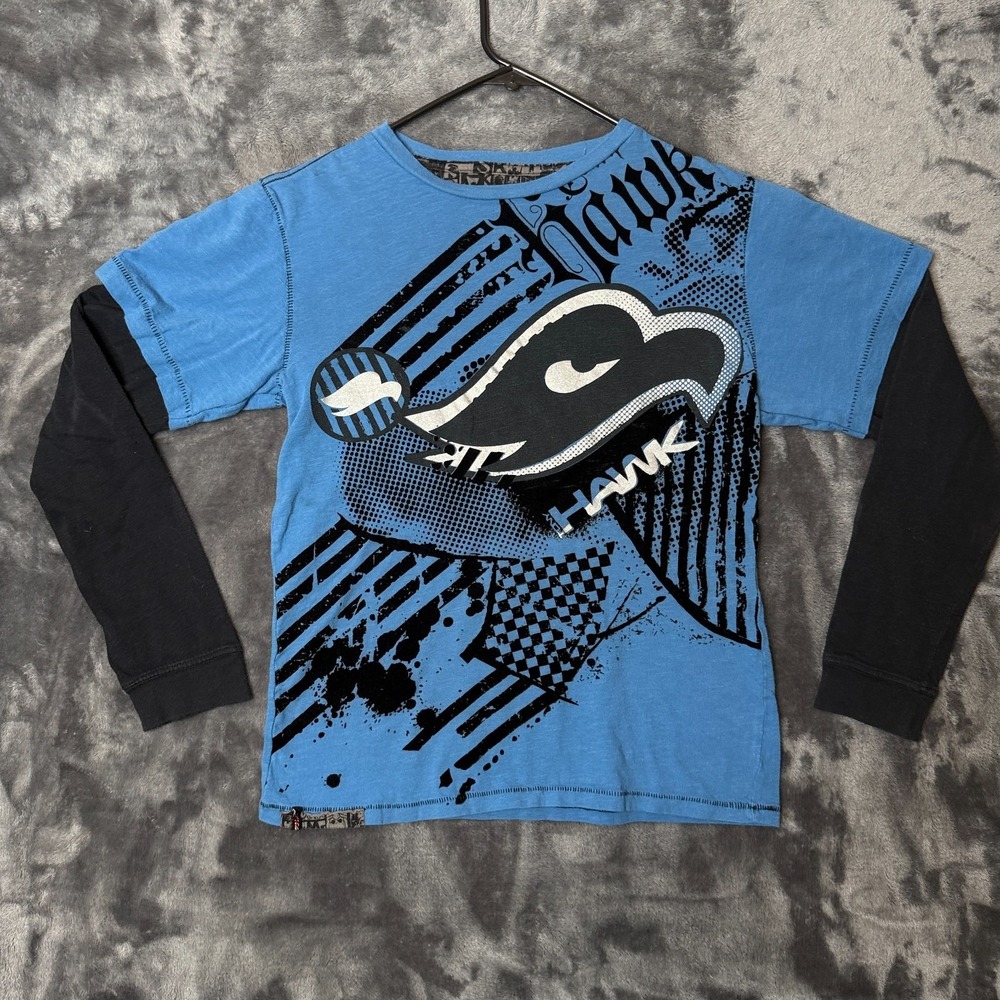 Vintage Y2K Hawk Youth Thermal Blue Long Sleeve Shirt Size Large